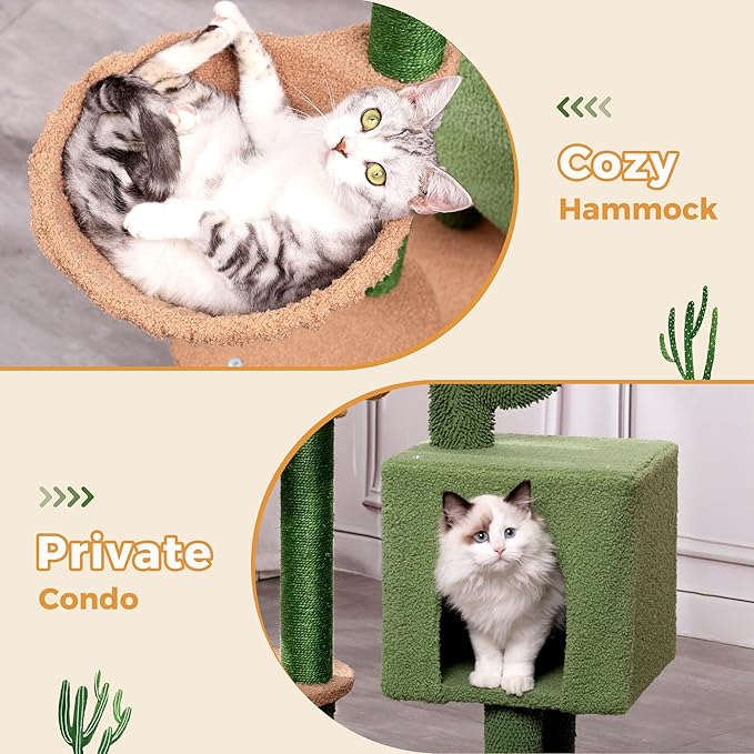 Cactus Cat Tree Small Cat Tower with 32 Inches Scratching Post with Cats Condo House, Cozy Hammock and Removable Top Bed and Dangling Ball for Indoor Cats-34” Green-Mewly Pet
