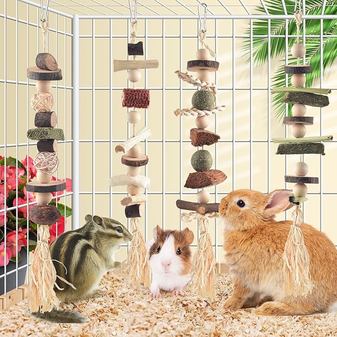 4 Pcs Bunny Chew Toys for Teeth, Hanging Rabbit Chewing Toy Treats with Timothy Grass & Natural Apple Wood, Improve Small Rodent Dental Health for Guinea Pig Hamster Chinchilla Rat Gerbil-Mewly Pet