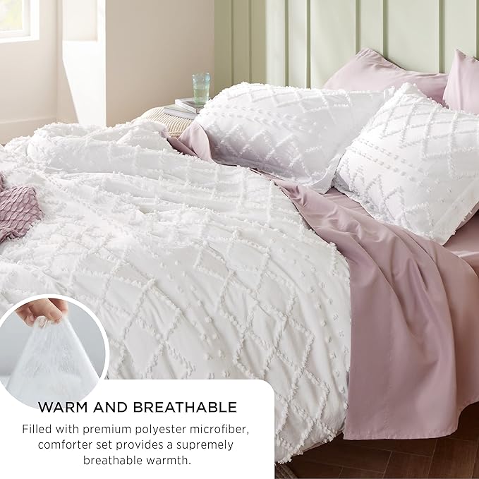 Bedsure Full Comforter Set - White Comforter, Boho Tufted Shabby Chic Bedding for Kids, 3 Pieces Vintage Farmhouse Bed Set for All Seasons, Fluffy Soft Bedding with 2 Pillow Shams