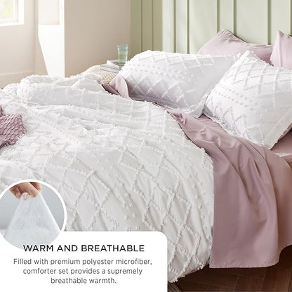 Bedsure Full Comforter Set - White Comforter, Boho Tufted Shabby Chic Bedding for Kids, 3 Pieces Vintage Farmhouse Bed Set for All Seasons, Fluffy Soft Bedding with 2 Pillow Shams