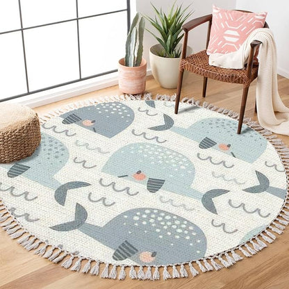 Round Boho Rug Pastel Colours Whale in The Waves Seamless Cute Ocean Creatures Area Linen Carpet Patio Hallway Runner Mat Pad Minimalist Home Decor for Living Room Outdoor, Multi, 3 ft