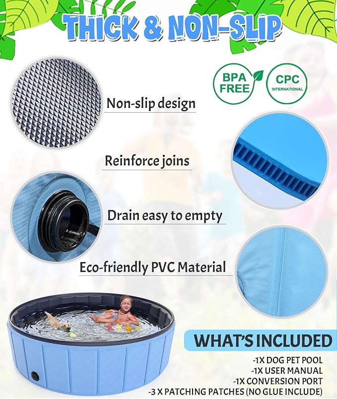 Giant Dog Pool 97"x16", Hyperzoo Foldable Dog Swimming Pool, Hard Plastic PVC Leakproof Doggie Wading Collapsible Pet Bathing Tub for Puppy Small Medium Large Dogs and Kids, Blue-Mewly Pet