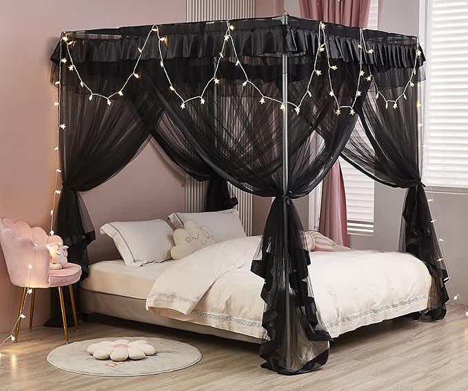 Mengersi Black Elegant 4 Corners Post Canopy Bed Curtains Mosquito Net Bed Drapes Full Size