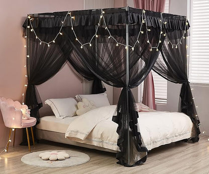 Mengersi Black Elegant 4 Corners Post Canopy Bed Curtains Mosquito Net Bed Drapes Full Size