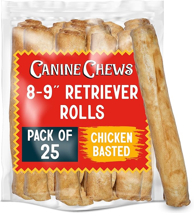 Canine Chews 8-9" Chicken Basted Dog Rawhide Retriever Rolls (25 Pack) - USA-Sourced Chicken Basted Dog Chews - Healthy Dental Chews-Mewly Pet
