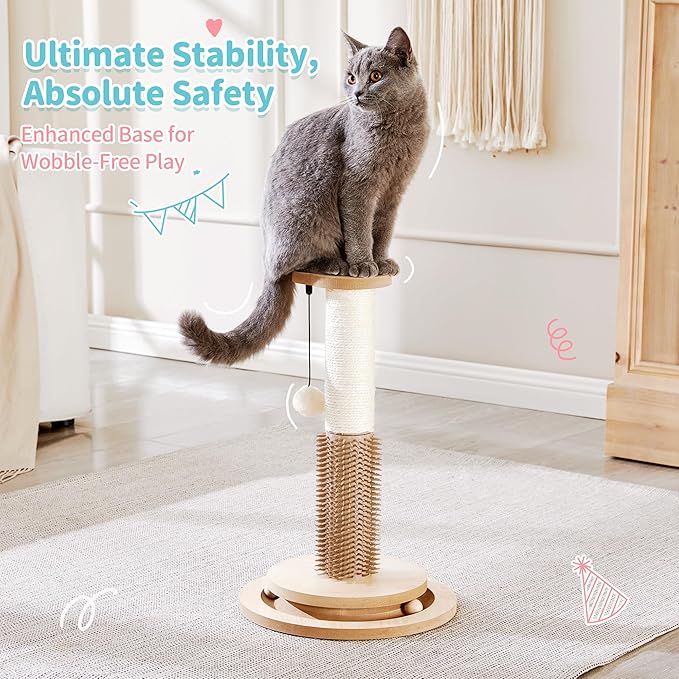 Made4Pets Cat Scratching Post 18" Tall for Small Kittens, 4-in-1 Cat Scratcher with Natural Sisal Ropes, Wooden Turntable Track Toy with Self Grooming Brush, Premium Scratch Pole with Plush Balls-Mewly Pet