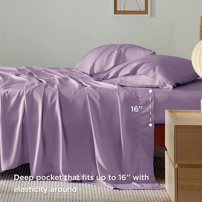 Bedsure Queen Sheet Set, Rayon Derived from Bamboo, Cooling Sheets, Breathable & Soft, Deep Pocket Up to 16 Inches, Hotel Luxury Silky Bedding for Hot Sleepers, Lilac