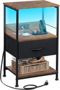 WLIVE LED Night Stand, Nightstand with Charging Station, Small Bed Side Table with Fabric Drawer and Open Shelves, Tall End Table with USB Ports & Outlets, Black and Rustic Brown