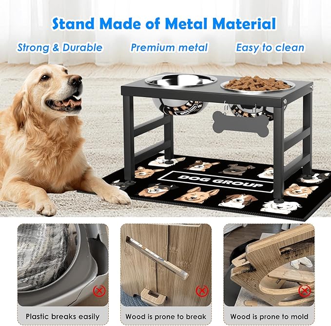 Elevated Dog Bowls, 10" Tall Height, Raised Bowl Stand with 2 Stainless Steel Food Feeder Bowls (58oz) and Spill-Proof Mat for Medium Large and Small Breeds-Mewly Pet