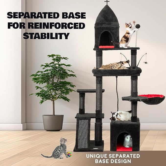 Large Cat Tree Tower for Large Cats, Cat Scratching Post, Self Grooming Post, Interactive Cat Toys, Oversized Perch and Basket, Heavy Duty 72", Black and Red-Mewly Pet