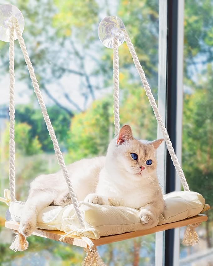 Cat Window Perch - Hammock Bed for Cats Inside - Solid Wood Seat, 4 Strong Suction Cups, Soft Cushion - Rustic Indoor Pet Shelf-Mewly Pet