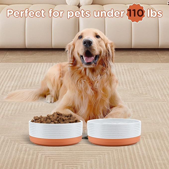 SPUNKYJUNKY Ceramic Dog Bowls 2 Pack, 8.3'' Dog Food Water Double Feeding Bowls Non-Slip for Large Sized Breed Microwave Dishwasher Safe - 60 OZ, 2pcs, Pattern White-Mewly Pet
