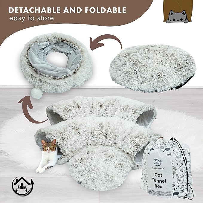 Large Cat Tunnel Bed for Indoor Cats Warm Fluffy Plush Cat Cave Tunnel Bed Collapsible, Washable, 3 Way and Multifunctional with Dangling Balls for Cats, Kittens and Rabbits- Brown-Mewly Pet