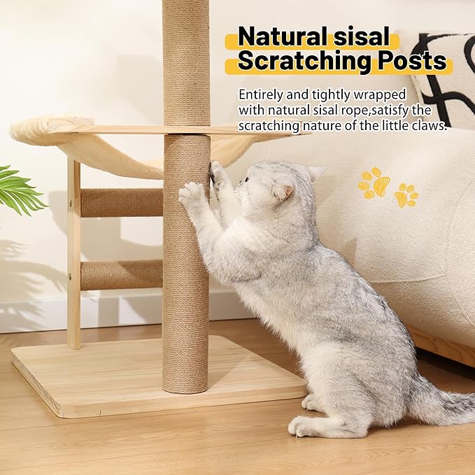 KVIDA Extra-Sturdy Wooden Cat Tree for Large Cats – Modern 3-Level Tower with Hammock, Anti-Tip Sisal Posts & Oversized Perch, Ideal for Indoor Big Cats & Multi-Cat Homes-Mewly Pet