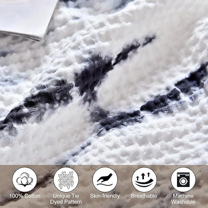 PHF 100% Cotton Tie-dye Waffle Weave Blanket King,Soft Breathable Skin-Friendly Durable Layering for All Season, Manual Elegant Delicate Pattern for Bed, Home Decor, Couch,Tie Dyed Charcoal, 104x90
