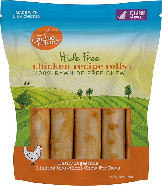 Canine Naturals Chicken Recipe Chew - Rawhide Free Dog Treats - Made from USA Raised Chicken - All-Natural and Easily Digestible - 5 Pack of 7 Inch Large Rolls for Dogs 50-75lb-Mewly Pet