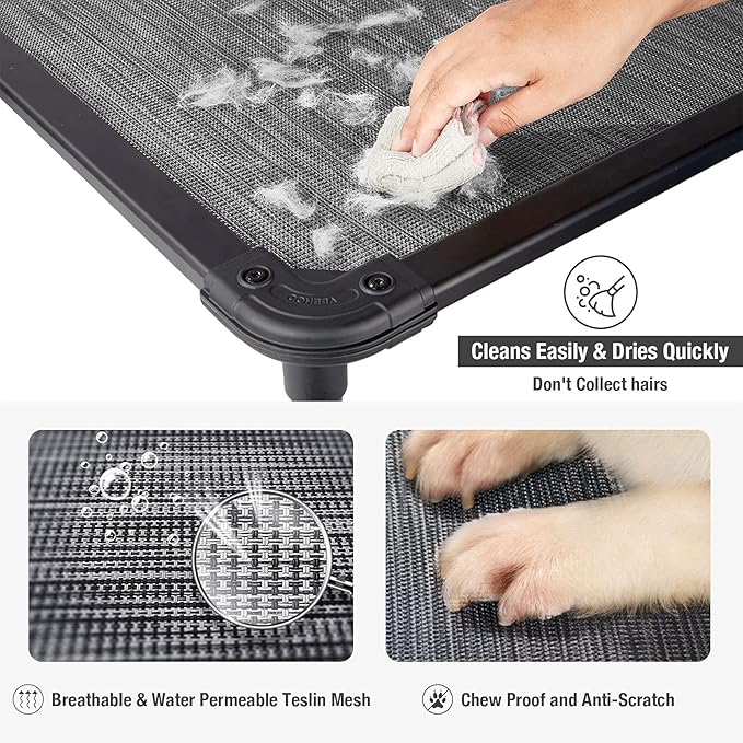 Veehoo Chew Proof Elevated Dog Bed - Cooling Raised Pet Cot - Rustless Aluminum Frame and Durable Textilene Mesh, Unique Designed No-Slip Feet for Indoor or Outdoor Use, Black Silver, Medium-Mewly Pet