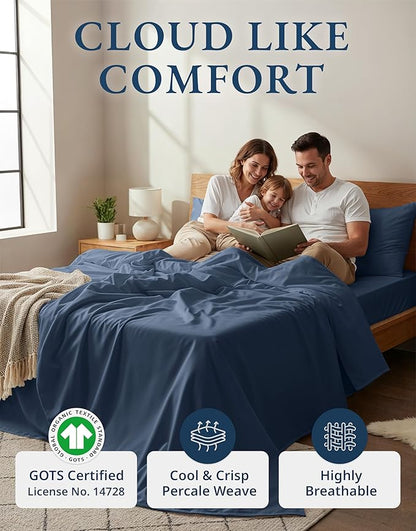 LANE LINEN 100% Organic Cotton Queen Sheets Set, Fully Elasticized Machine Washable Mercerized Cotton Soft & Comfy Low Pill Fade Resistant Sheets Queen Size Set, Classic Percale Weave- Estate Blue