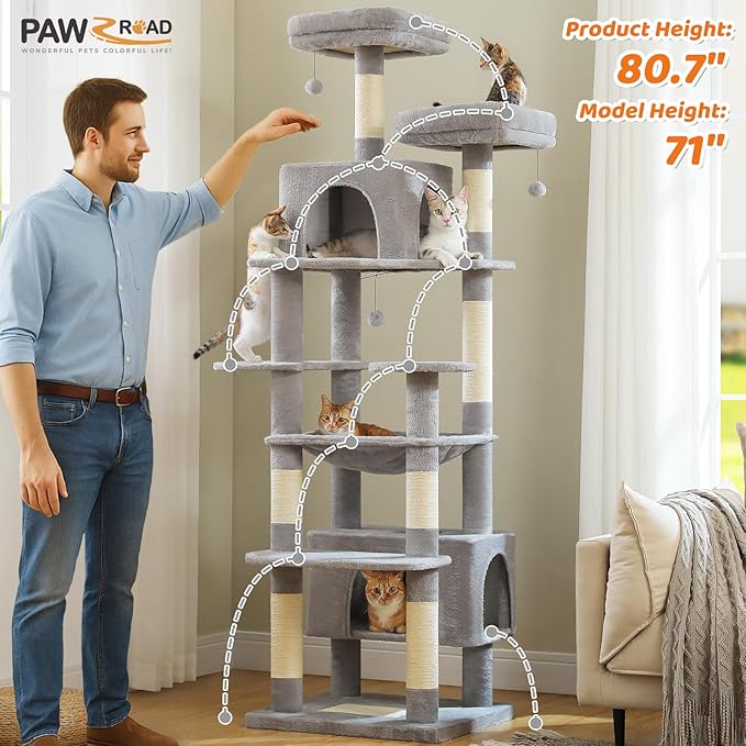 PAWZ Road Heavy Duty Cat Tree for Large Cats, 81 Inches Tall Cat Tower with 2 Perches, 2 Condos and Spacious Hammock, XL Extra Large Condo with 7 Scratching Posts for 20lb+ Adult Cats,Gray-Mewly Pet