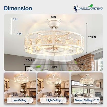 DLLT Caged Ceiling Fan with Lights: 26" Bladeless Fandelier with Light and Remote - Cement Industrial Chandelier Fan Light for Bedroom Living Dining Room Kitchen