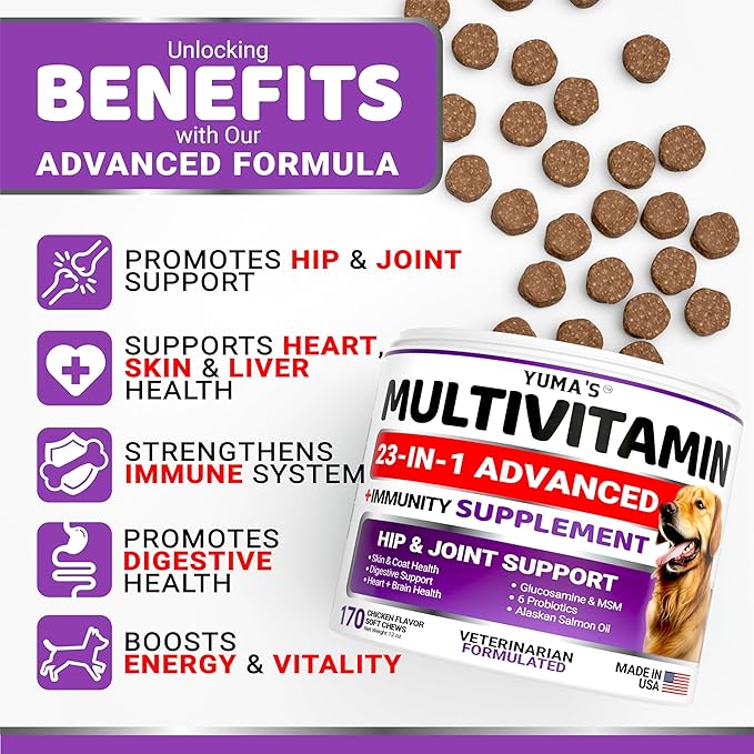 Dog Multivitamin Chewable with Glucosamine - Dog Vitamins and Supplements - 170 Treats - Senior & Puppy Multivitamin for Dogs - Hip & Joint Support - Immune Health, Skin, Heart, Digestion, Probiotics-Mewly Pet