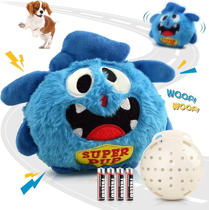 Petbobi Interactive Dog Toys for Boredom - Moving Dog Toy for Stimulating Play, Pet Plush Squeaky Ball for Small Medium Breeds with 4 Batteries, Blue-Mewly Pet