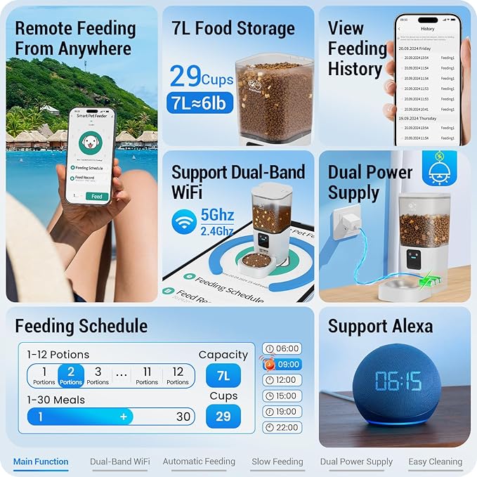 Automatic Cat Feeder with Slow Feed: 5G WiFi Automatic Dog Feeder with APP Control, 7L Auto Cat Food Dispenser with Alexa for Multiple Pets, Detachable for Easy Cleaning - 29 Cup-Mewly Pet