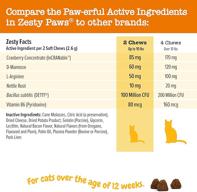 Zesty Paws Cranberry Urinary Tract Bites for Cats - Kidney & Urinary Tract Health - Soft Chews with D-Mannose, Vitamin B6 & L-Arginine - Immune & Gut Support - Bacon - 60 Count-Mewly Pet