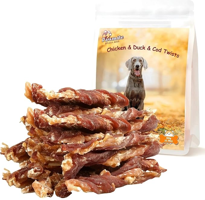 Dog Jerky Treats Triple Flavor Chicken Duck Wrapped Cod Twisted Sticks 5'', Rawhide Free Grain Free Dog Training Snacks Chews for Small Medium Large Dogs, 10.6 oz-Mewly Pet
