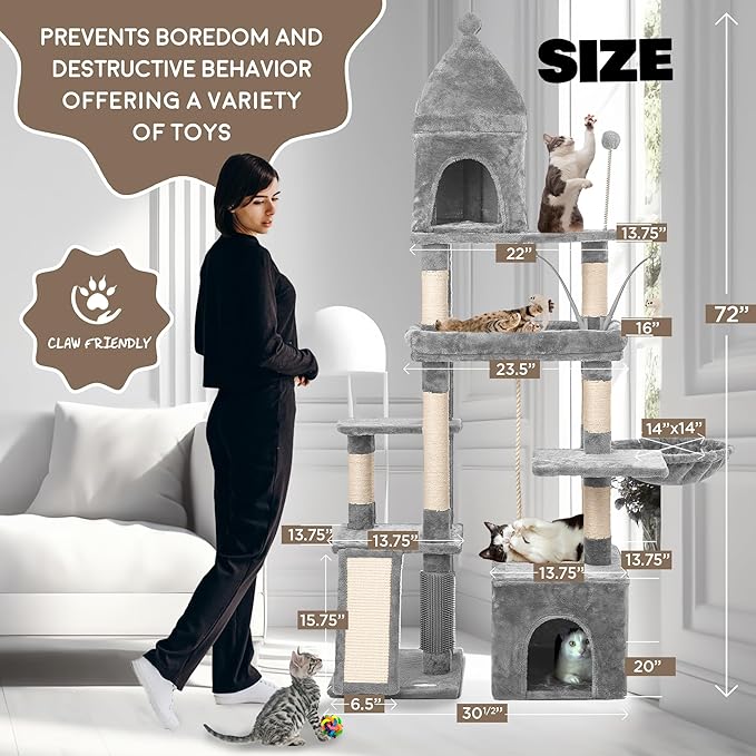 Large Cat Tree Tower for Large Cats, Cat Scratching Post, Self Grooming Post, Interactive Cat Toys, Oversized Perch and Basket, Heavy Duty 72", Light Grey-Mewly Pet