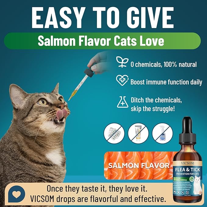 Natural Flea and Tick Prevention for Cats, Herbal Cat Flea and Tick Treatment Support Drops Flea Support with Prebiotics Probiotics for Cats Kitten - Ideal for Sensitive Cat - Salmon Flavor-Mewly Pet