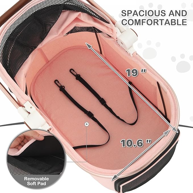 MoNiBloom 3 in 1 Pet Stroller with Adjustable Handle, Jogging Stroller w/Detachable Carrier & Lightweight Aluminum Frame for Dogs Cats, Soft Pink-Mewly Pet