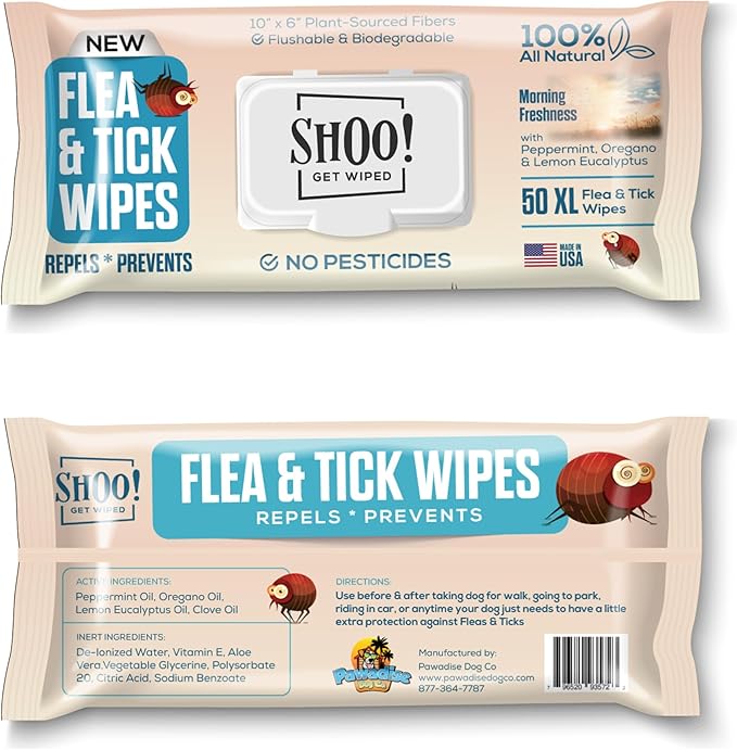 Shoo! Flea & Tick Wipes for Dogs | Convenient, Easy On-The-Go Protection | Plant Based, Natural Oils, Chemical Free | Repels & Prevents | 50 XL Wipes | (Morning Freshness)-Mewly Pet