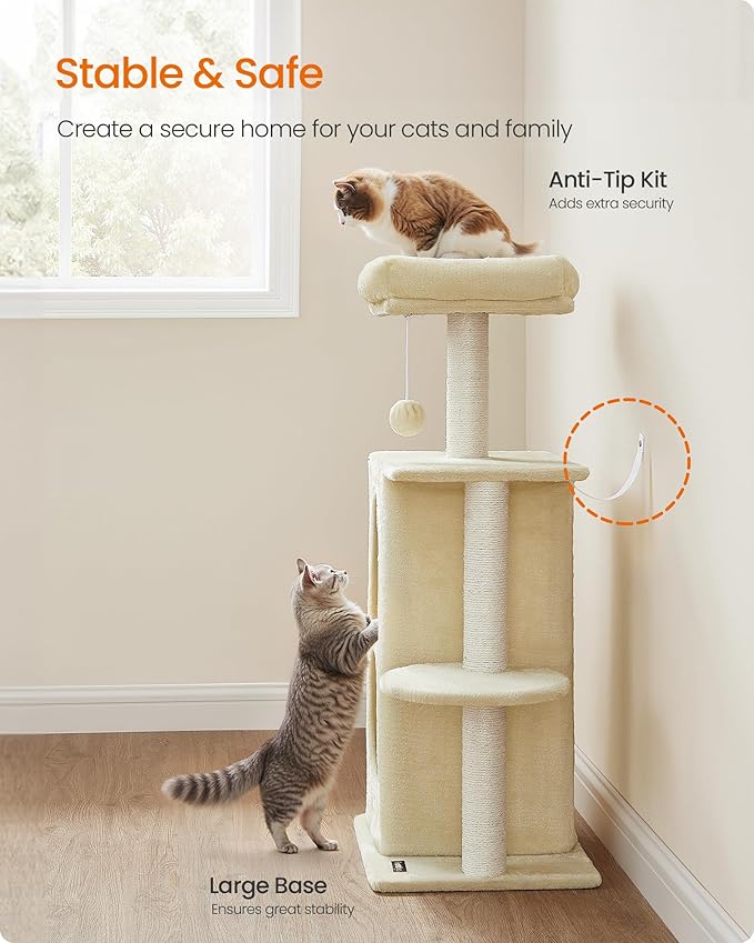 Feandrea Cat Tree Tower with 2 Caves for Multi-Cat Households, Kittens, Scratching Posts, Sand Beige UPCT005Y01-Mewly Pet