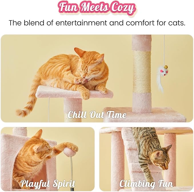 MWPO 63.8-Inch Pink Cat Tree for Indoor Cats, Multi-Level Cat Tower with Sisal-Covered Scratching Posts, Padded Platform, Hammock, Dangling Toys, Stable Cat Condo Pet Play House-Mewly Pet