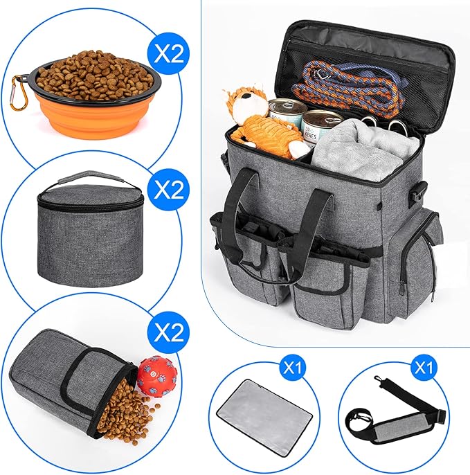 Modoker Dog Travel Bag Backpack, Airline Approved Pet Accessories Organizer for Dog and Cat with Shoulder Strap, 2 Dog Food Storage Containers, 2 Collapsible Dog Bowls,1 Pet Mat, Rose Red-Mewly Pet