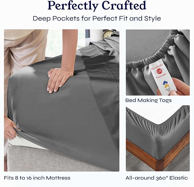 California Design Den 6-Pc King Size Sheet Set with 4 Pillowcases - Soft 400 Thread Count 100% Cotton Sheets, Cooling Sateen Weave, Luxury Deep Pocket Bedsheets Set - Grey