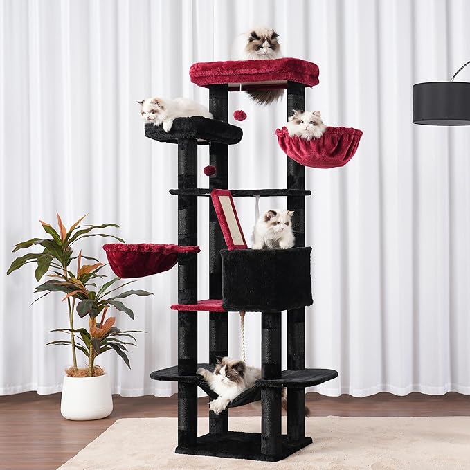 Heybly Cat Tree, 68 inch Multi-Level Cat Tower for Indoor Cats, 2 Widened Plush Perches Cat Condo with Scratching Board and Big Caves, Black and Red HCT025BR-Mewly Pet