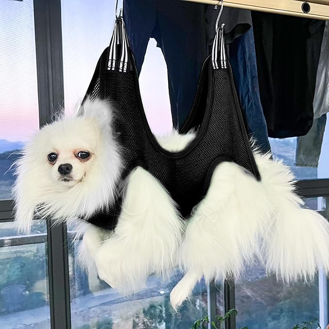 Pet Grooming Hammock for Cats & Dogs, Breathable Mesh Dog Hanging Harness for Nail Trimming, Grooming, Bathing Includes S Hooks, Comfortable Dog Grooming Harness (Black)-Mewly Pet
