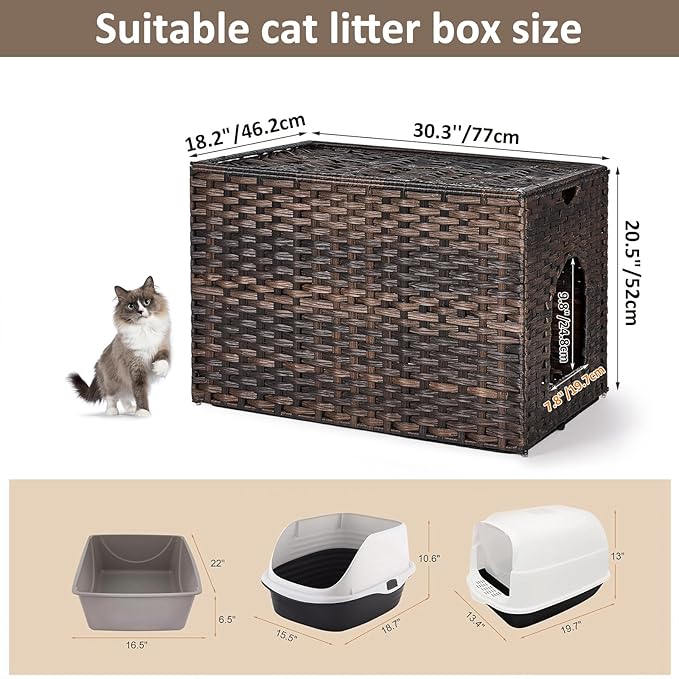Cat Litter Box Enclosure with Litter Trapping Mat; Handwoven Plastic Rattan Kitten House; No Installation Hidden Cat Washroom; Pet Crate for Balcony,Bedroom,Living Room-Mewly Pet