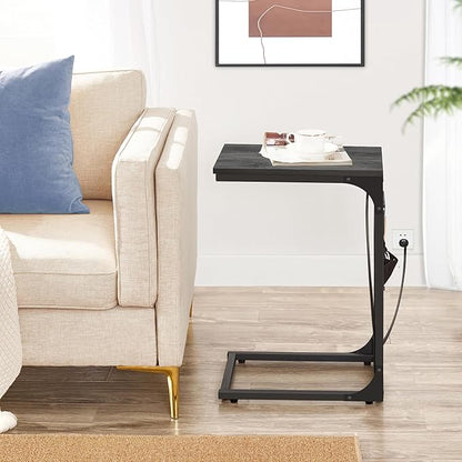 TUTOTAK C Shaped End Table with Charging Station, Side Table for Sofa, Couch Table with Storage Bag, TV Tray Table with 2 USB Ports and Outlets for Living Room, Bedroom, TB01BY024