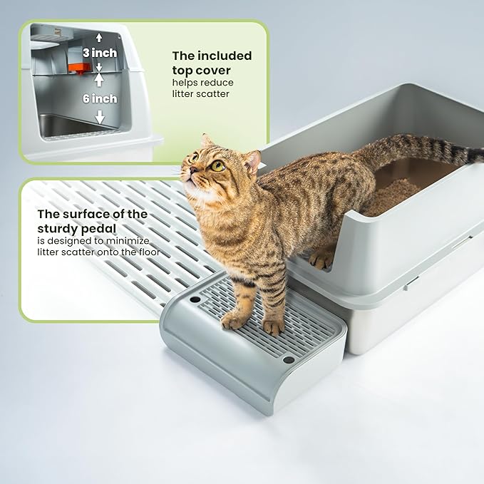 Cattasaurus Stainless Steel XL Cat Litter Box with Lid for Large Cats Up to 40lbs, Removable Kitty Litter Box Enclosure, Top Entry Litter Box, Durable Scoop & Pedal (Stainless Steel - Only Base)-Mewly Pet
