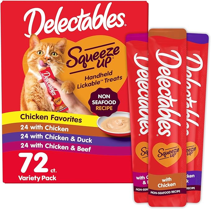 Delectables Squeeze Up Non-Seafood Variety Pack, Creamy Squeezable Puree, Lickable Wet Cat Treats, Grain Free, No Added Fillers, No By-Products, No Added Preservatives, 0.5 Ounces Tube, 72 Tubes Total-Mewly Pet