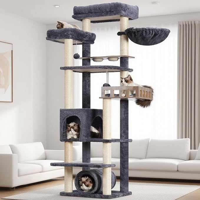 Cat Tree with Tunnel, Cat Tower for Indoor Cats, Tall Cat Tree Tower with Cat Condo, Food Station, Large Platform, Scratching Posts, Hammock, Smoky Gray GCT021G-Mewly Pet