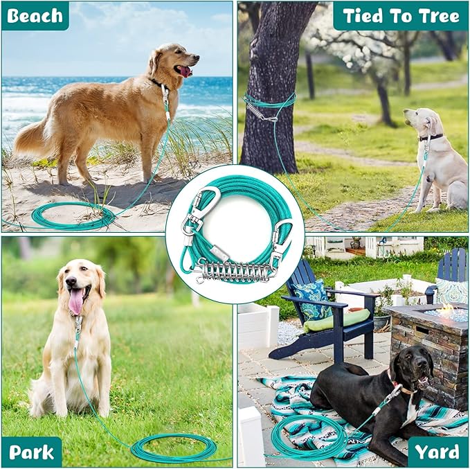 Tie Out Cable for Dogs, 15FT Dog Leads for Yard Chew Proof, Heavy Duty Dog Tie Out Cable with Shock Absorbing Spring for Large Dogs Up to 125lbs, Durable Dog Runner for Yard or Camping-Mewly Pet