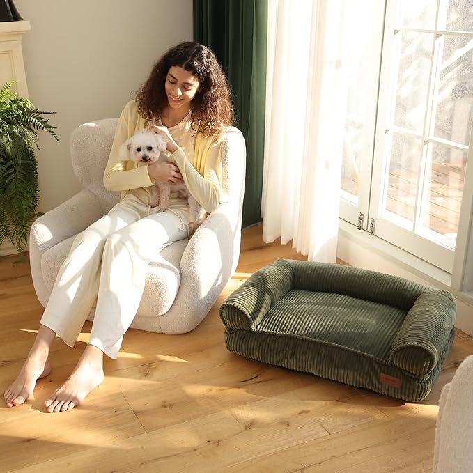 FUKUMARU Dog Couch Bed, Corduroy Cozy Cat Bed for Indoor Cats with Washable Cover, Supportive Waterproof Dog Beds Sofa for Small Dogs and Large Cats Cute, 28inch, Medium, Green-Mewly Pet