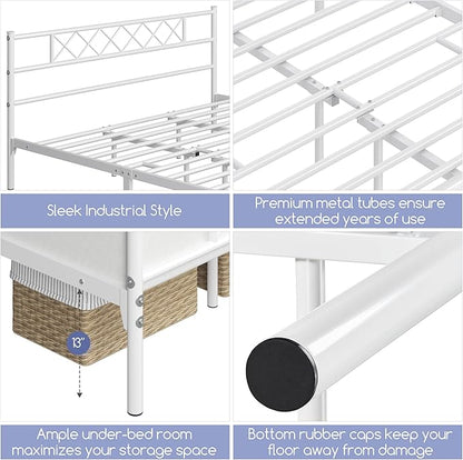 Yaheetech Metal Platform King Bed Frame Mattress Foundation with Headboard and Footboard No Box Spring Needed Under Bed Storage Steel Slats White