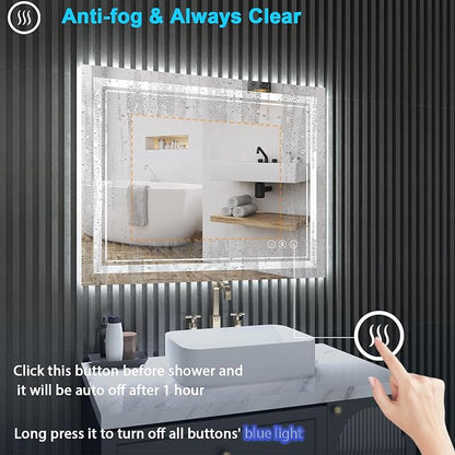 40x32 Inch LED Mirror for Bathroom, Rectangle Lighted Bathroom Mirrors Wall Mounted for Vanity Restroom Bedroom Frameless Modern Design with Backlit & 2 Front Lit, Anti-Fog, Dimmable, 1 Minute Install