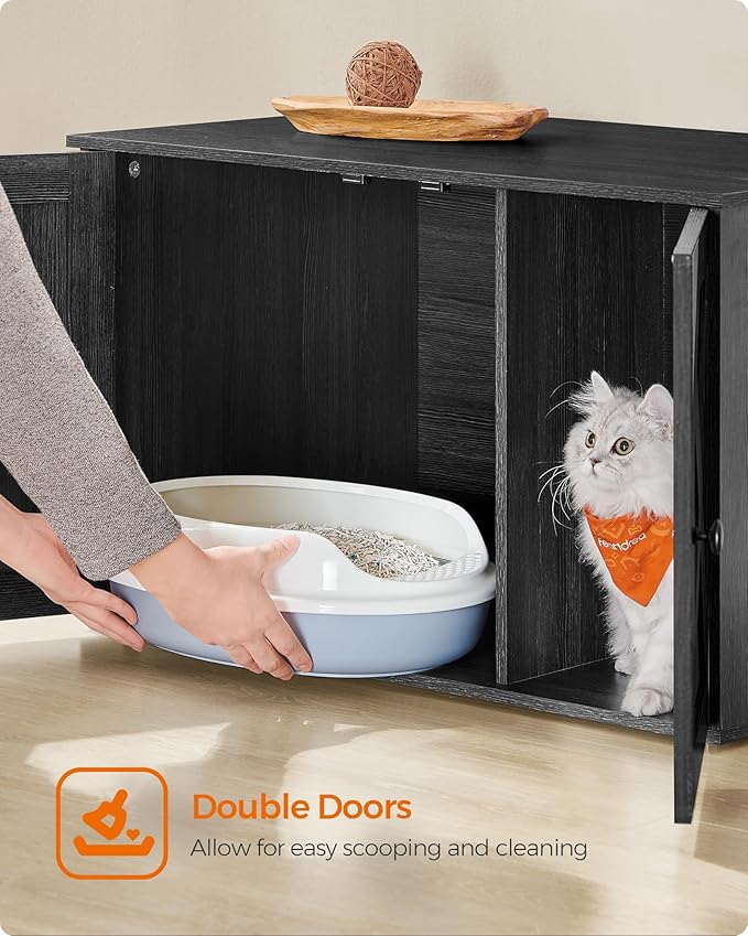 Feandrea Cat Litter Box Enclosure, Litter Box Furniture Hidden with Removable Divider, Indoor Cat House, End Table, 31.5 x 20.9 x 19.7 Inches, Ink Black UPCL002B01-Mewly Pet