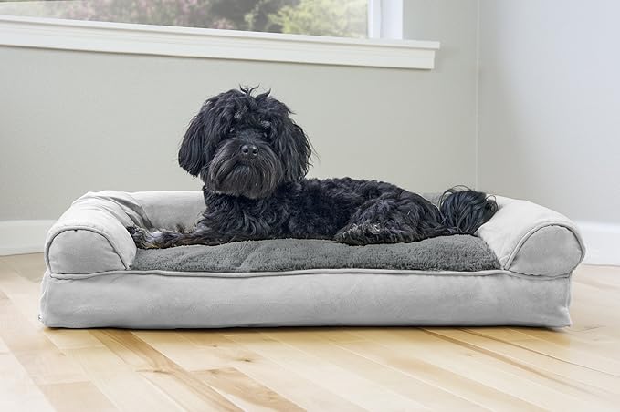 Furhaven Pillow Dog Bed for Medium/Small Dogs w/ Removable Bolsters & Washable Cover - Plush & Suede Sofa - Gray, Medium-Mewly Pet
